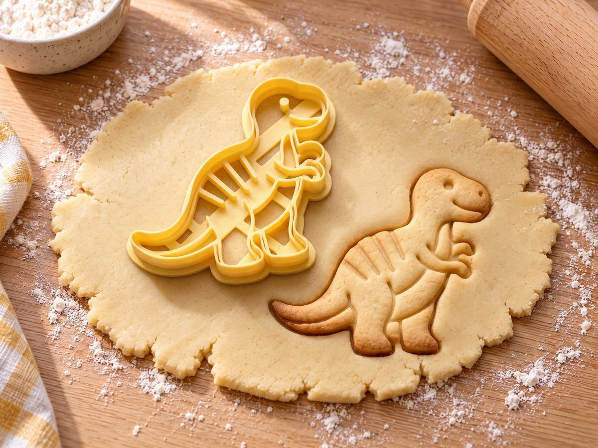 Dino-Ausstecher mit Prägung neben gebackenem Keks mit grinsendem Saurier, Mini-Ärmchen und Rückenstreifen auf ausgerolltem Teig