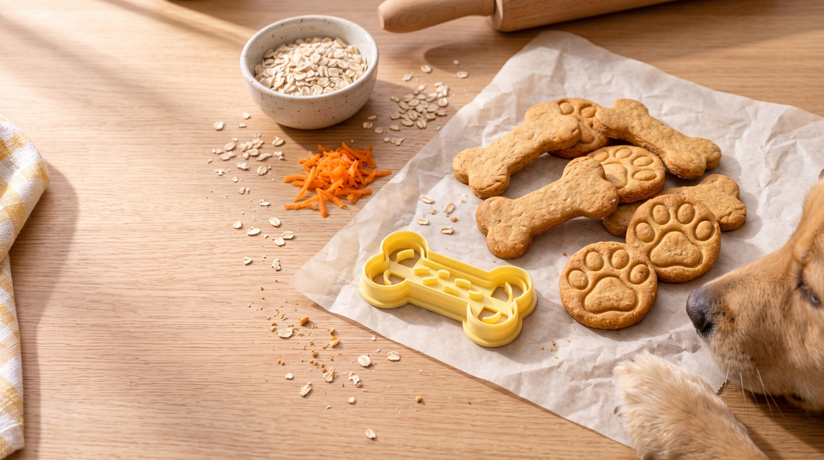 Selbstgebackene Hundekekse in Knochen- und Pfotenform mit Prägung, gelber Knochen-Ausstecher, Haferflocken und eine neugierige Hundenase