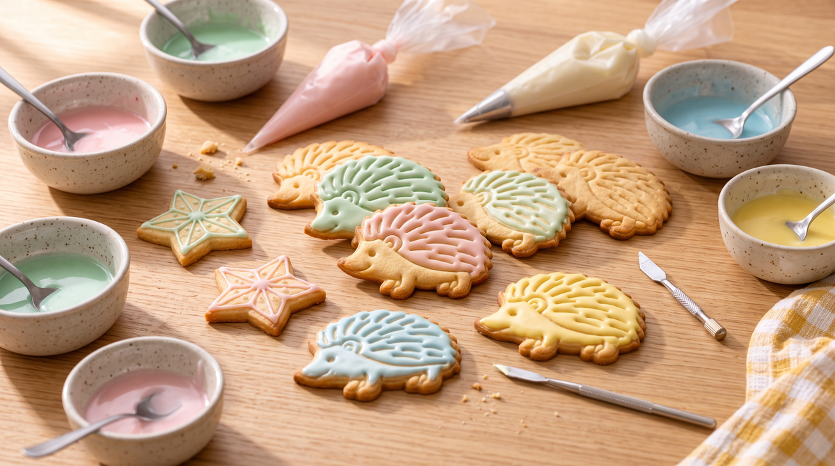 Geprägte Igel- und Sternkekse mit pastellfarbenem Royal Icing, Schalen mit Zuckerguss und Spritzbeutel