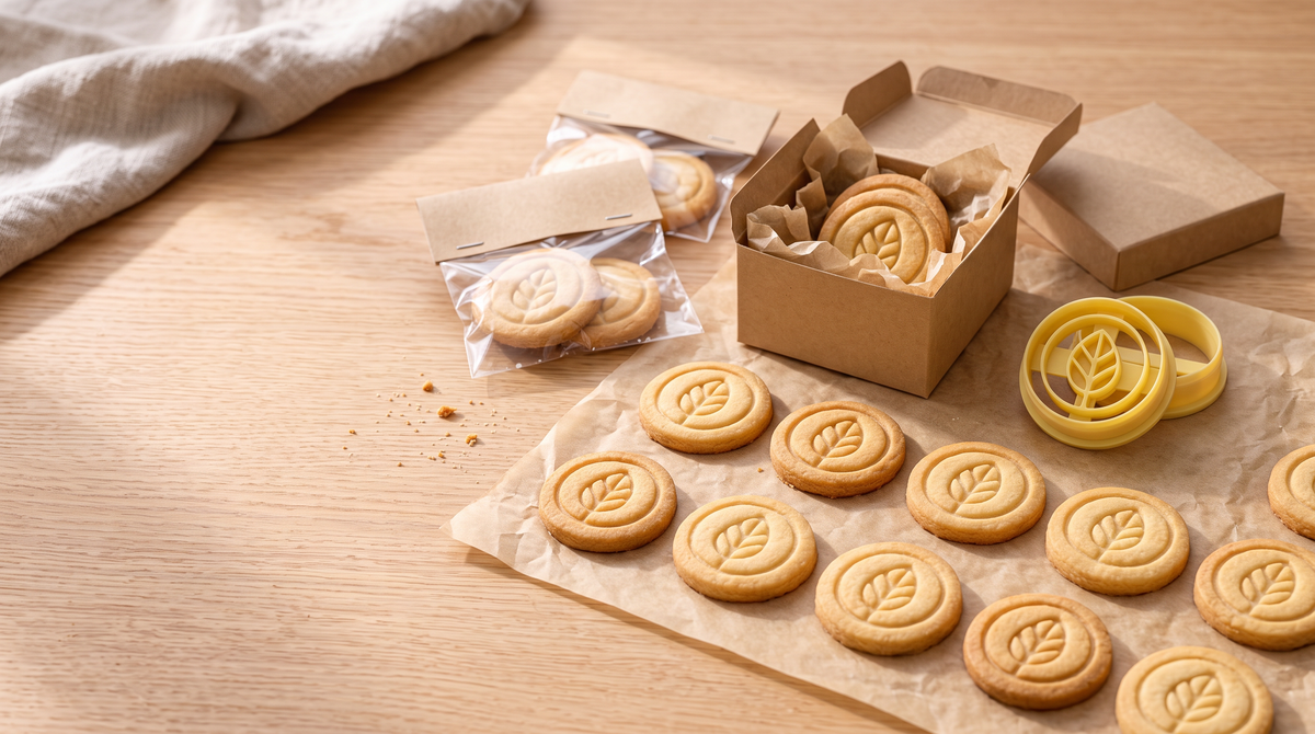 Runde Kekse mit geprägtem Blatt-Emblem in Reihen, einzeln verpackt mit Kraftpapier-Etikett, daneben der passende gelbe Ausstecher