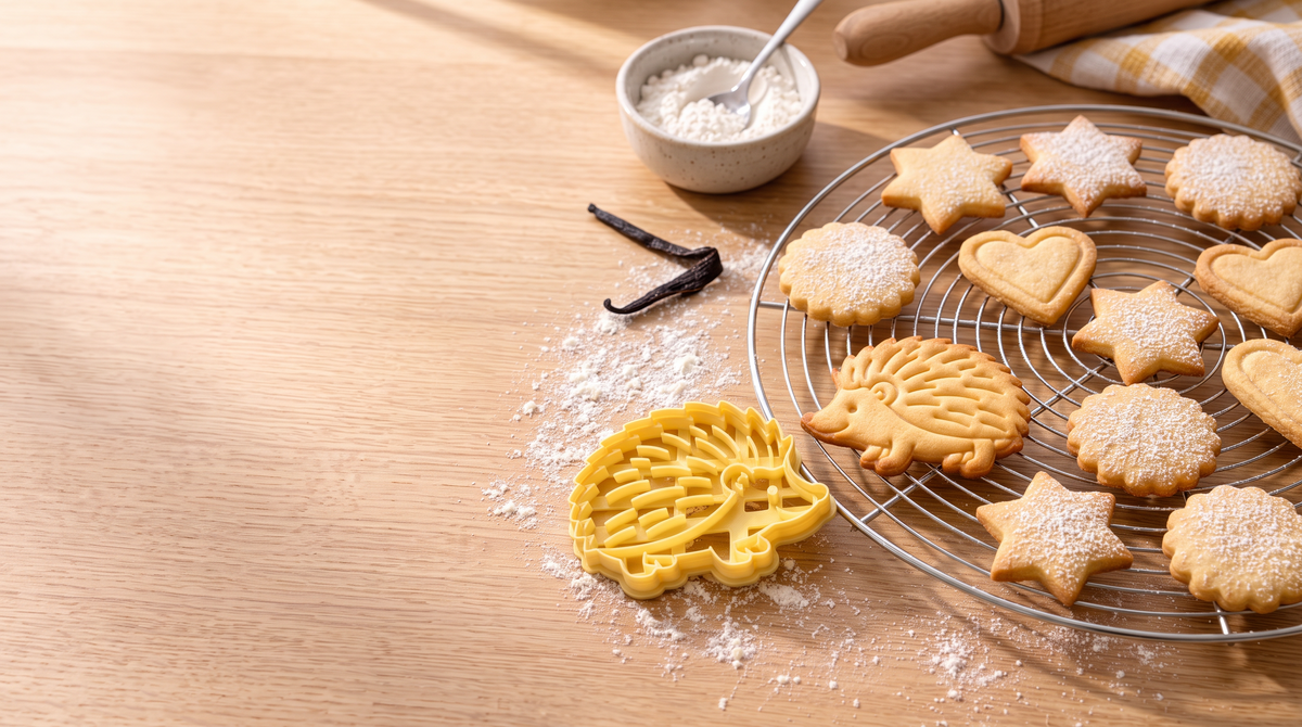 Gebackene Butterplätzchen mit Prägung auf einem Kuchengitter, daneben ein gelber Igel-Ausstecher, Vanilleschote und Puderzucker