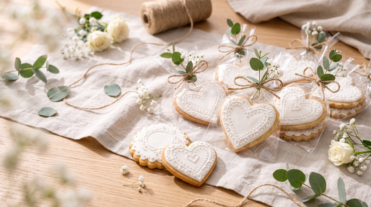Herzkekse mit weißem Zuckerguss und Prägung, einzeln verpackt mit Kordel und Eukalyptus als Gastgeschenk