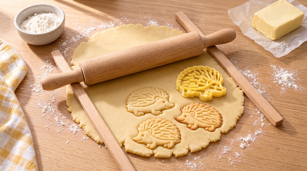Mürbeteig zwischen zwei Teigleisten ausgerollt, frisch geprägte Igel-Kekse und der gelbe Igel-Ausstecher, daneben kalte Butter