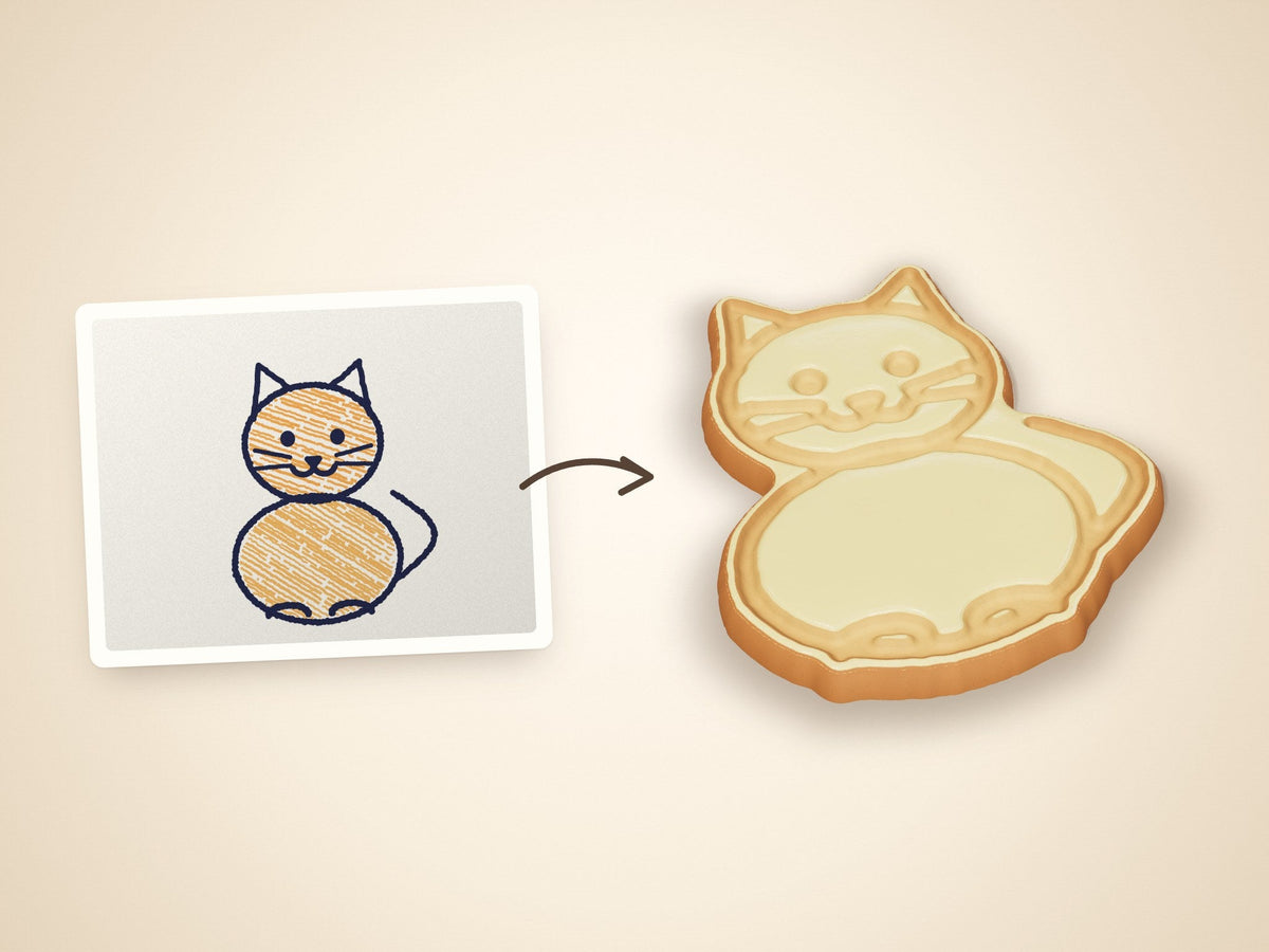 Links eine Kinderzeichnung einer Katze, rechts der gebackene Keks mit der erkannten Kontur und den geprägten Linien