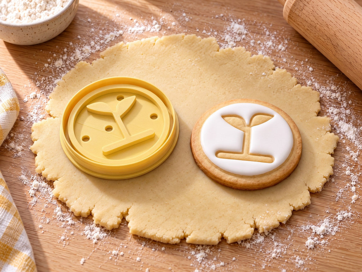 Runder Logo-Ausstecher mit Prägung neben einem gebackenen runden Keks mit weißem Zuckerguss und geprägtem Spross-Logo auf ausgerolltem Teig