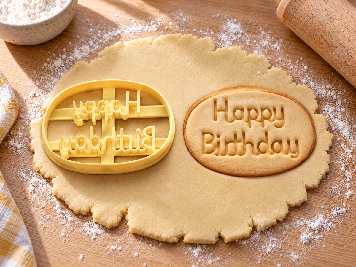 Ausstecher mit Prägung „Happy Birthday“ neben einem ovalen Keks mit zweizeiligem Schriftzug, auf ausgerolltem Teig und hellem Holz
