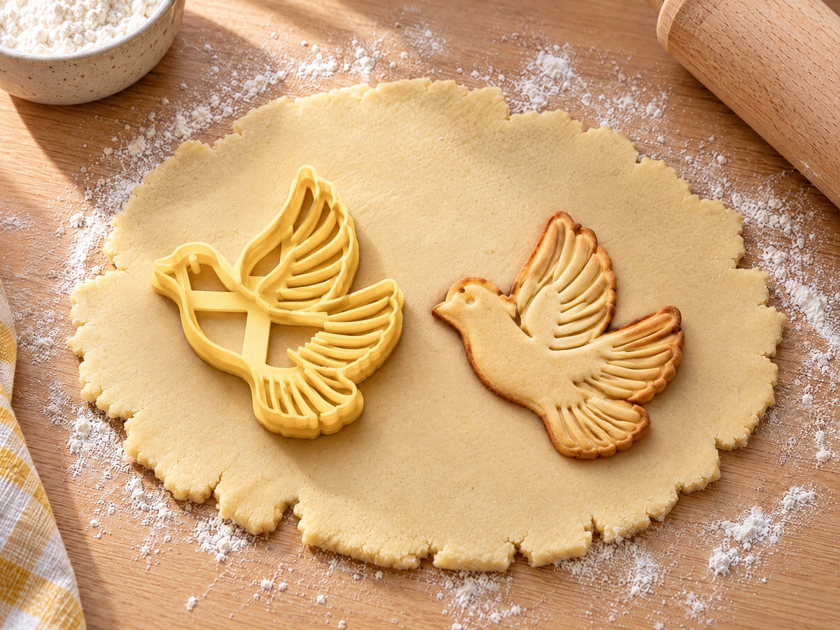 Tauben-Ausstecher mit Prägung neben einem gebackenen Keks mit fliegender Taube und gefächerten Flügelfedern, auf ausgerolltem Teig und hellem Holz