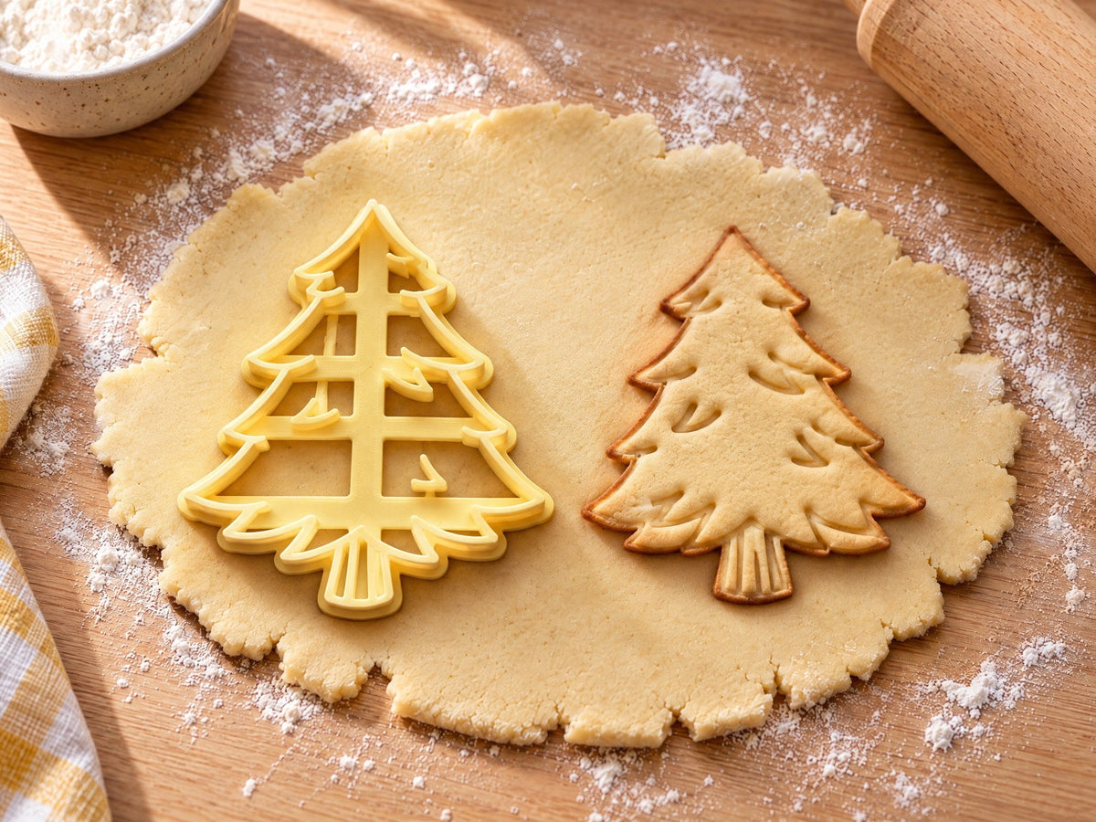 Weihnachtsbaum-Ausstecher mit Prägung neben einem gebackenen Keks mit Zweigbögen und gerilltem Stamm auf ausgerolltem Teig