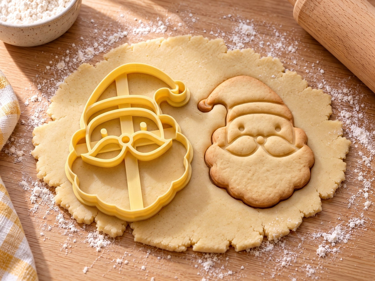 Weihnachtsmann-Ausstecher mit Prägung neben einem gebackenen Keks mit Punktaugen und Wolkenbart auf ausgerolltem Teig