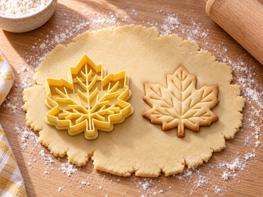 Butter-gelber Ahornblatt-Ausstecher mit Prägung neben gebackenem Keks mit fein verästelten Blattadern auf hellem Holz