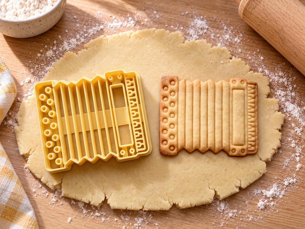 Butter-gelber Akkordeon-Ausstecher mit Prägung neben gebackenem Keks mit Bassknöpfen, Faltenbalg und Tasten auf hellem Holz