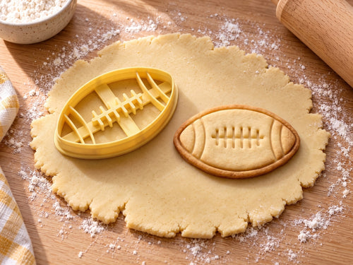 Butter-gelber American-Football-Ausstecher mit Prägung neben gebackenem Keks mit Schnürnaht und Endbögen auf hellem Holz