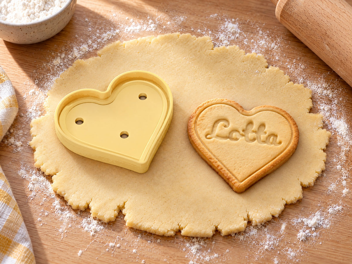 Butter-gelber Herz-Ausstecher neben gebackenem Herzkeks mit geprägtem Namen „Lotta“ in Schreibschrift auf ausgerolltem Teig und hellem Holz