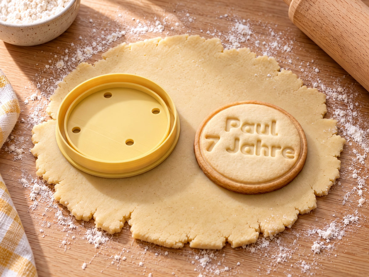 Butter-gelber runder Ausstecher neben gebackenem runden Keks mit geprägtem Text „Paul 7 Jahre“ auf ausgerolltem Teig und hellem Holz