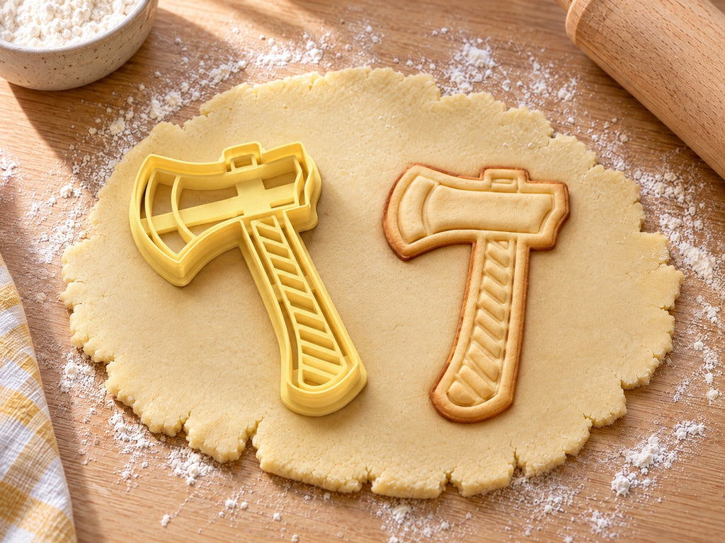 Butter-gelber Axt-Ausstecher mit Prägung neben gebackenem Keks mit Axtkopf und geriffeltem Stiel auf hellem Holz