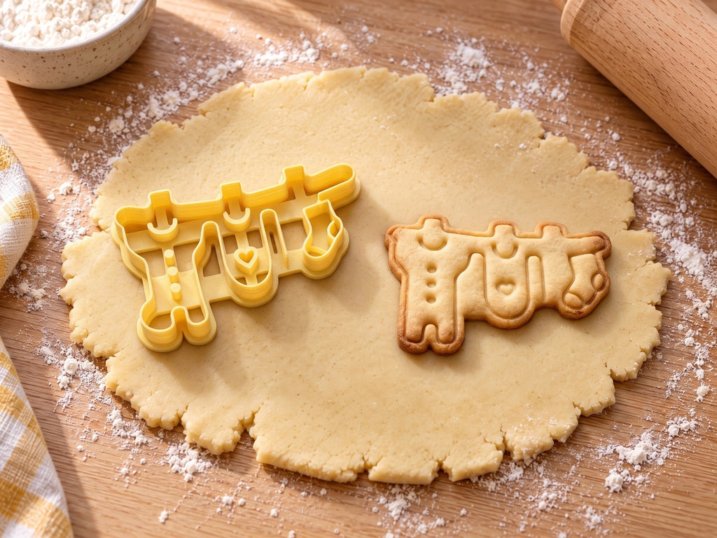 Butter-gelber Ausstecher mit Prägung als Wäscheleine neben gebackenem Keks mit Strampler, Hemdchen und Söckchen auf hellem Holz