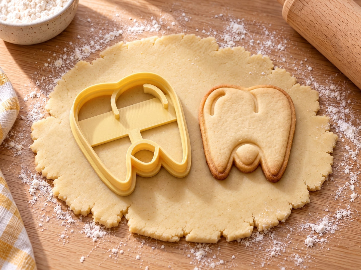 Butter-gelber Backenzahn-Ausstecher mit Prägung neben gebackenem Keks mit Krone und zwei Wurzeln auf hellem Holz