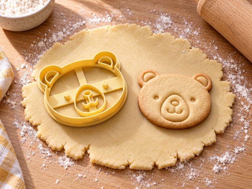 Butter-gelber Bärenkopf-Ausstecher mit Prägung neben gebackenem Keks mit runden Ohren, Punktaugen und Schnäuzchen auf hellem Holz