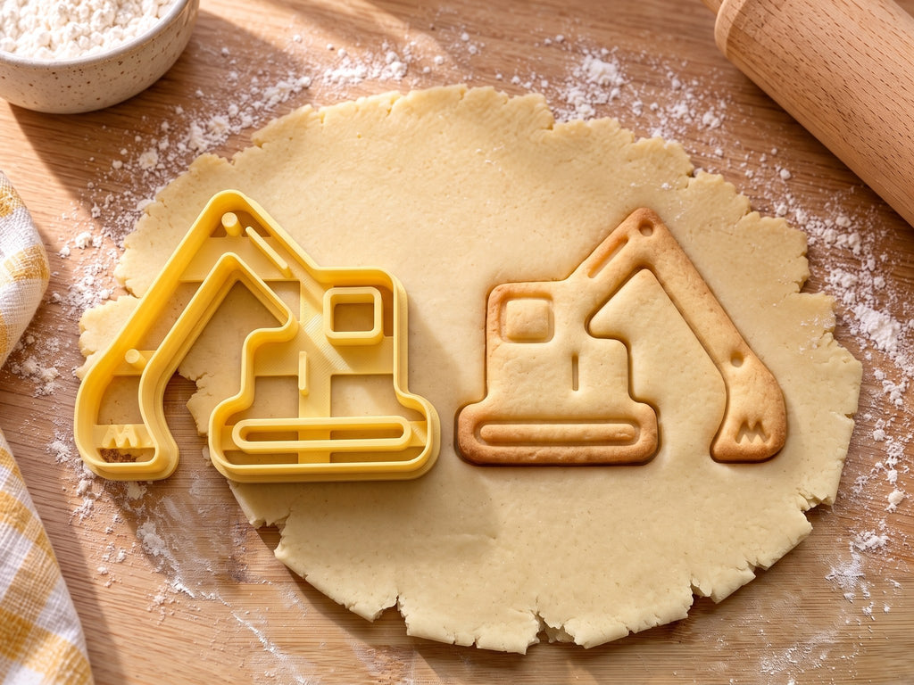 Butter-gelber Bagger-Ausstecher mit Prägung neben gebackenem Bagger-Keks mit Kettenlaufwerk und Schaufel auf hellem Holz