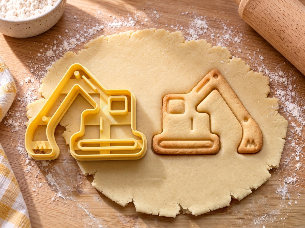 Butter-gelber Bagger-Ausstecher mit Prägung neben gebackenem Bagger-Keks mit Kettenlaufwerk und Schaufel auf hellem Holz