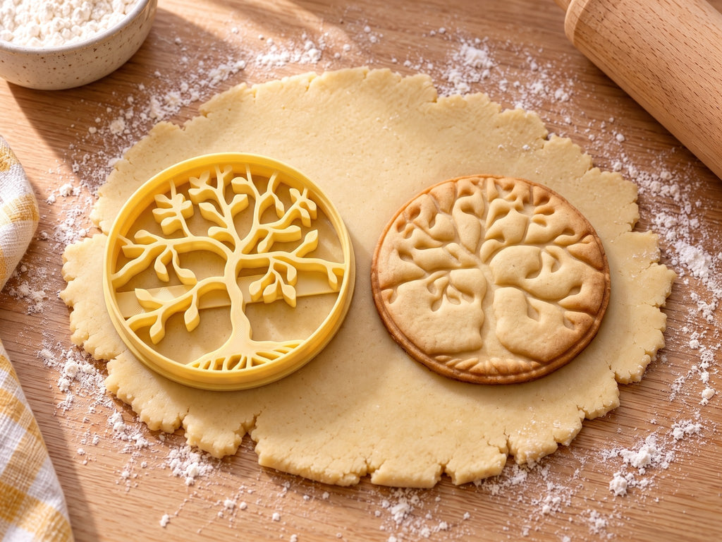 Butter-gelber Lebensbaum-Ausstecher mit Prägung neben rundem Keks mit Krone, Ästen und Wurzeln auf hellem Holz