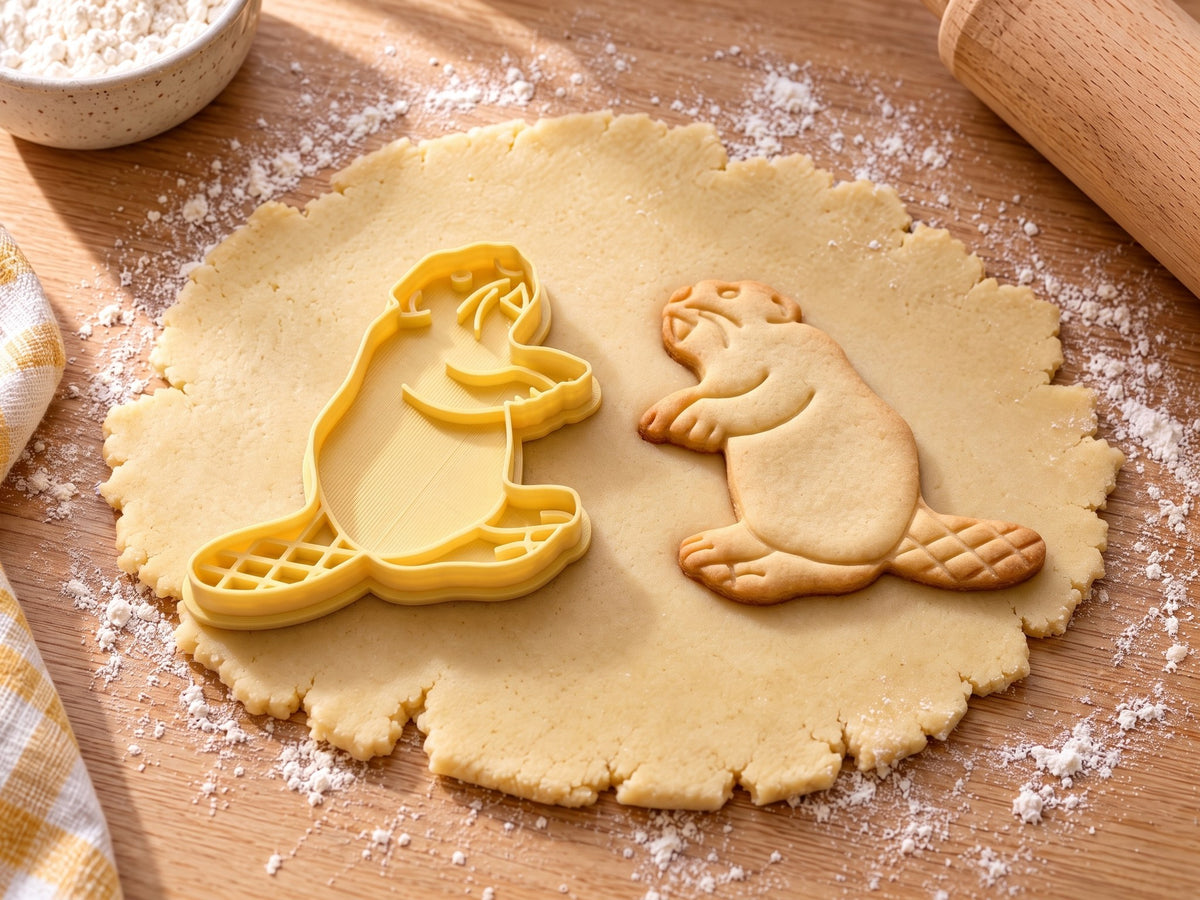 Butter-gelber Biber-Ausstecher mit Prägung neben gebackenem Keks mit Nagezähnen und gemustertem Kellenschwanz auf hellem Holz