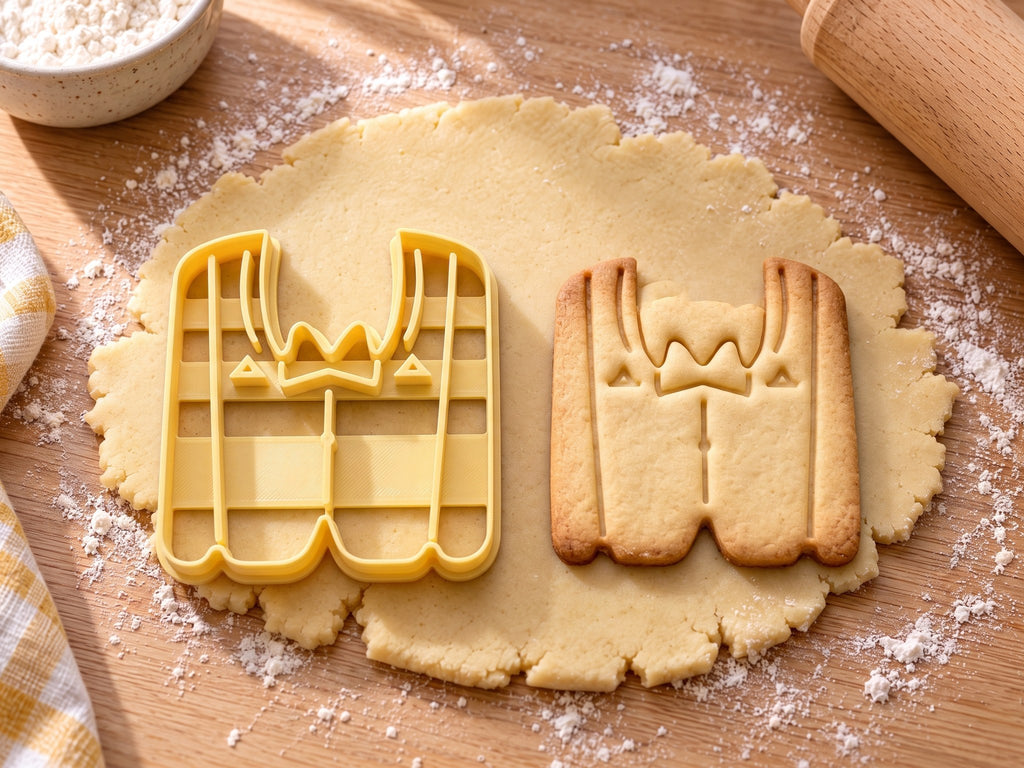 Butter-gelber Anzug-Ausstecher mit Prägung neben Keks mit Revers, Fliege und Knopfleiste auf hellem Holz