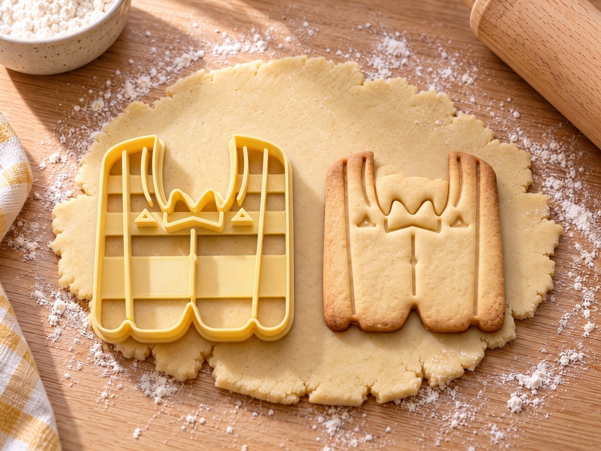 Butter-gelber Anzug-Ausstecher mit Prägung neben Keks mit Revers, Fliege und Knopfleiste auf hellem Holz