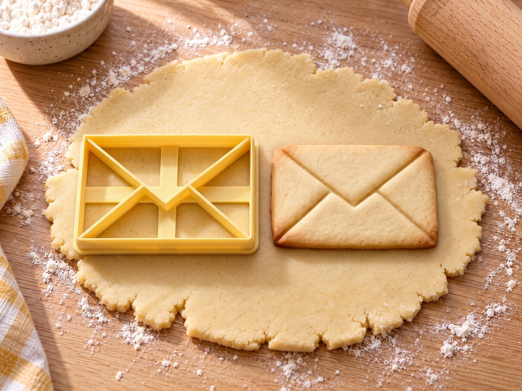 Butter-gelber Briefumschlag-Ausstecher mit Prägung neben Keks mit Lasche und schrägen Falzlinien auf hellem Holz