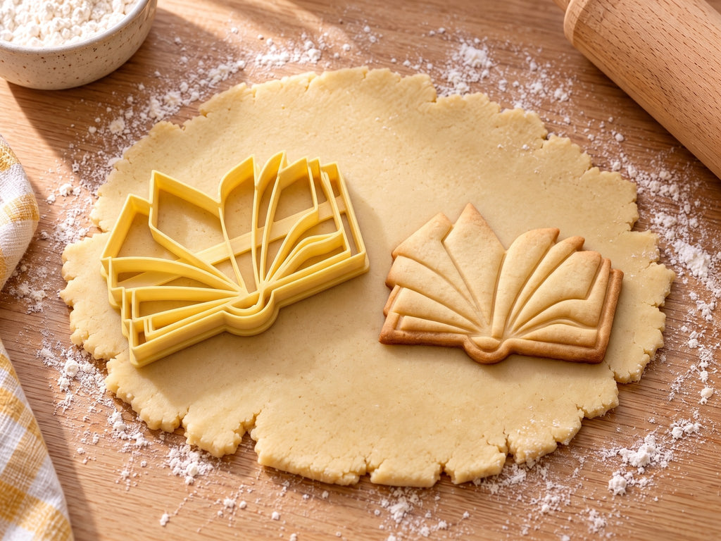 Butter-gelber Buch-Ausstecher mit Prägung neben gebackenem Keks mit aufgefächerten Seiten auf hellem Holz