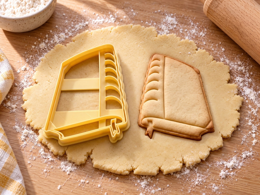 Butter-gelber Buch-Ausstecher mit Prägung neben gebackenem Keks mit gewölbtem Buchrücken und Lesezeichen auf hellem Holz