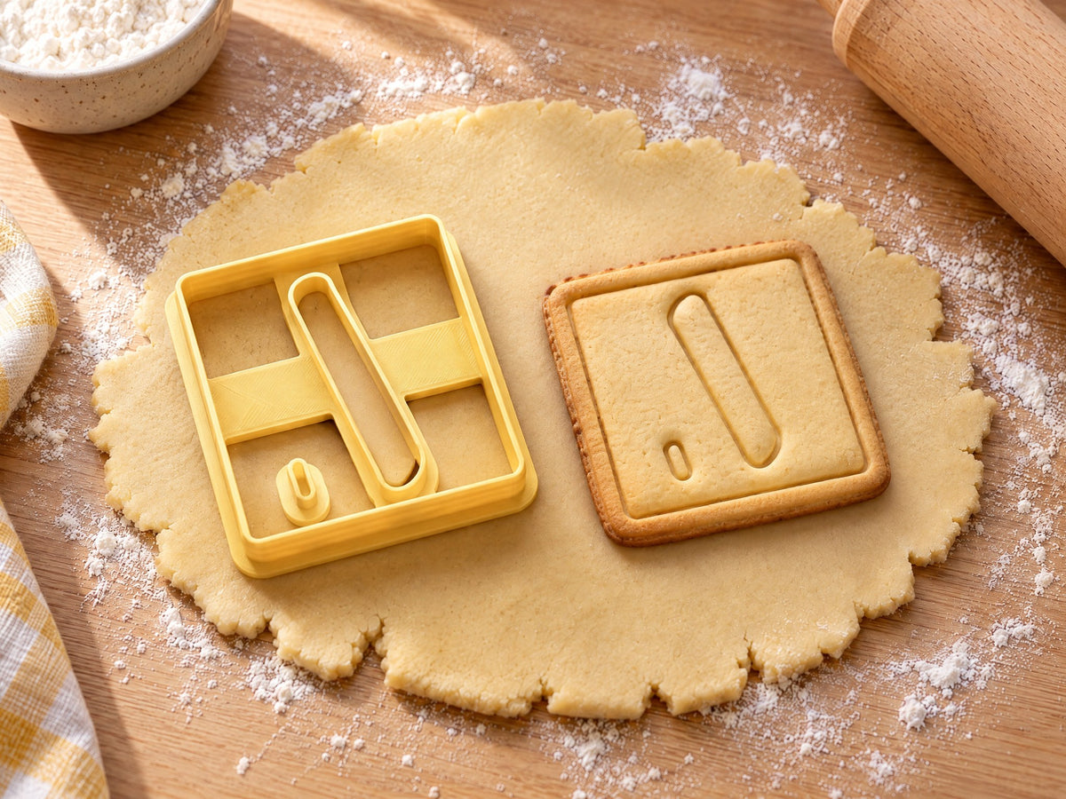 Butter-gelber Ausstecher Buchstabe I mit Prägung neben quadratischem Keks mit schlankem, schrägem I auf hellem Holz