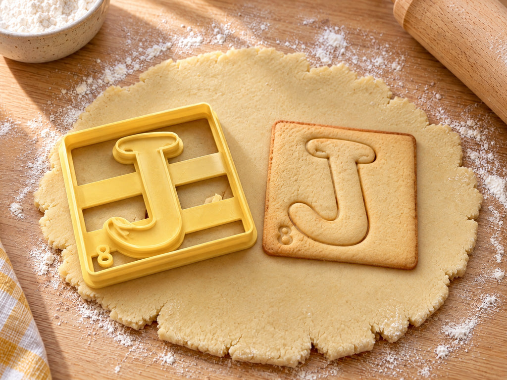 Butter-gelber Ausstecher Buchstabe J mit Prägung neben quadratischem Keks mit geschwungenem J im Plättchen auf hellem Holz
