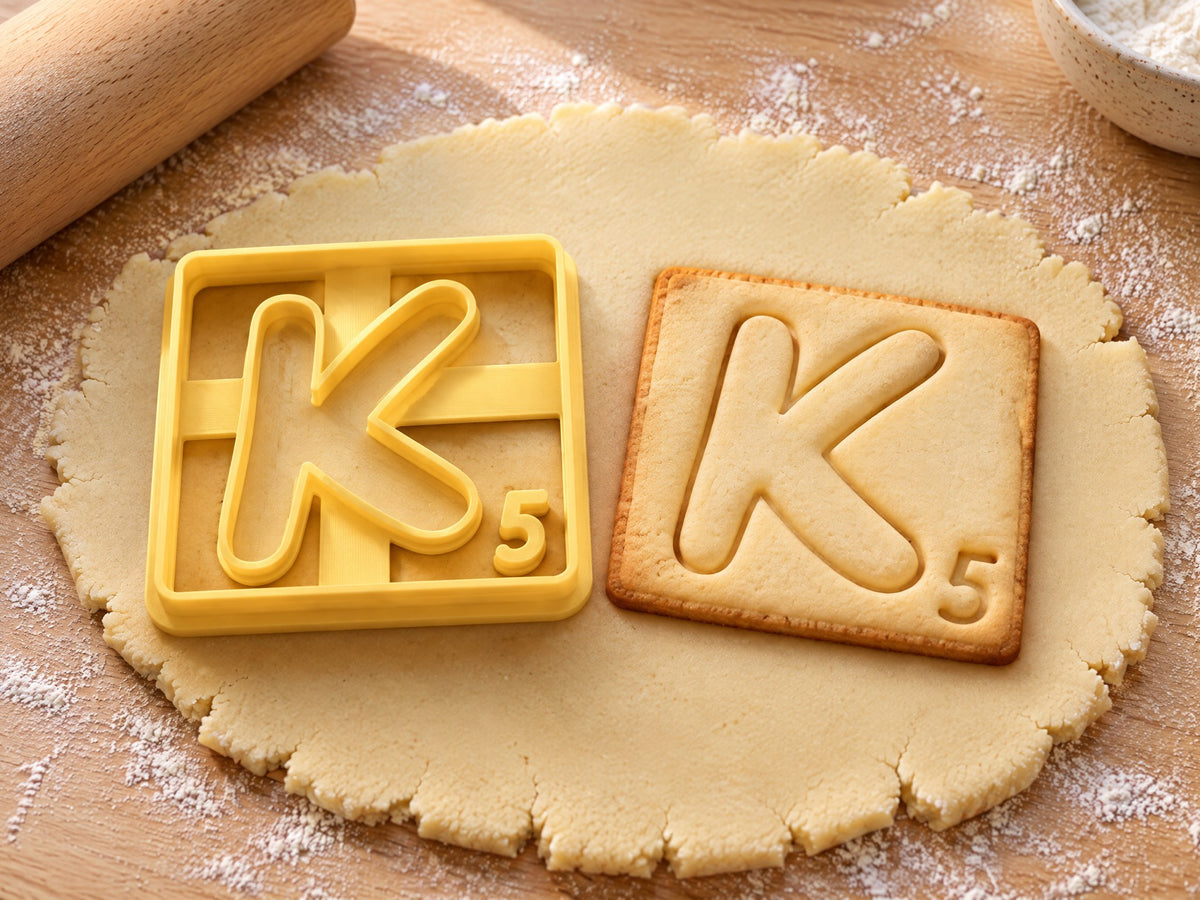 Butter-gelber Ausstecher Buchstabe K mit Prägung neben quadratischem Keks mit gezeichnetem K und Punktwert 5 auf hellem Holz