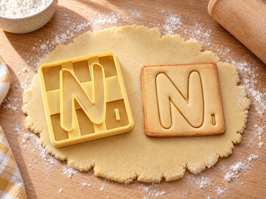 Butter-gelber Ausstecher Buchstabe N mit Prägung neben quadratischem Keks mit rundlichem N und kleiner Zahl auf hellem Holz