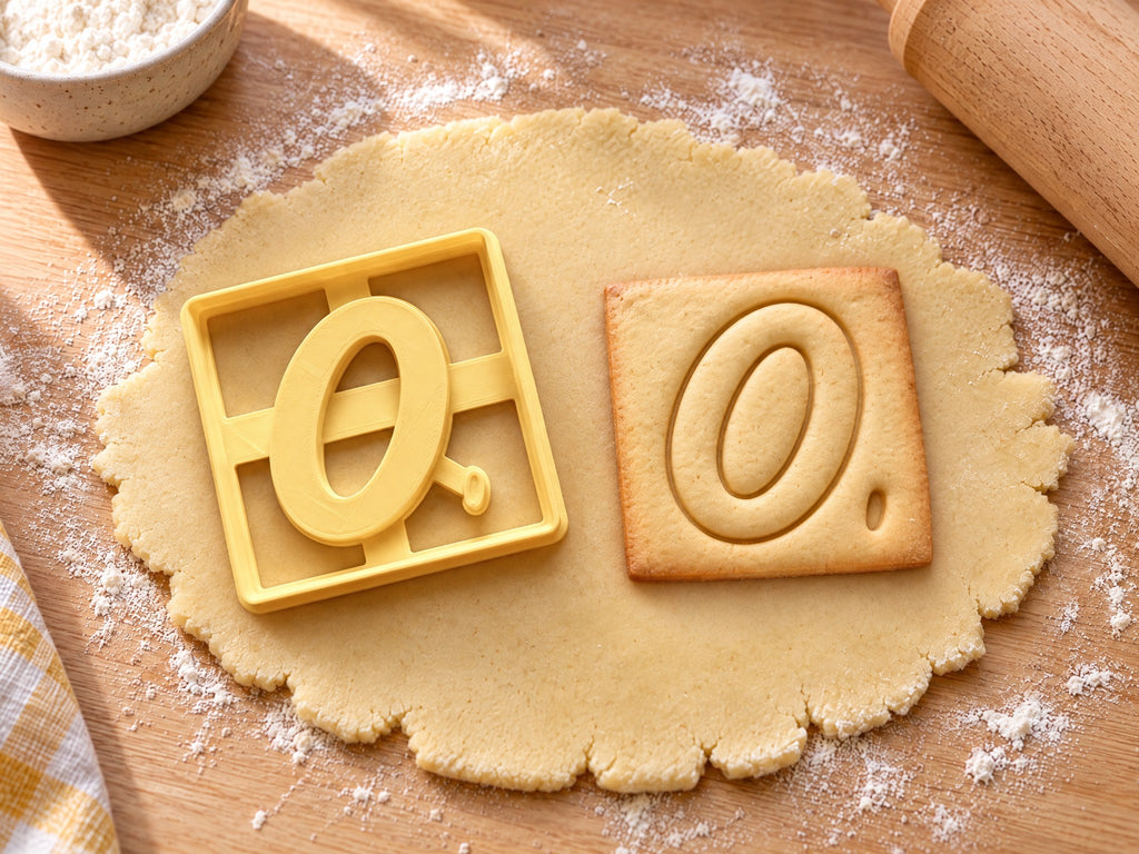 Butter-gelber Ausstecher Buchstabe O mit Prägung neben quadratischem Keks mit kursivem, geneigtem O auf hellem Holz
