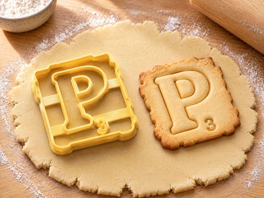 Butter-gelber Ausstecher Buchstabe P mit Prägung neben quadratischem Keks mit rundem P und kleiner Drei auf hellem Holz