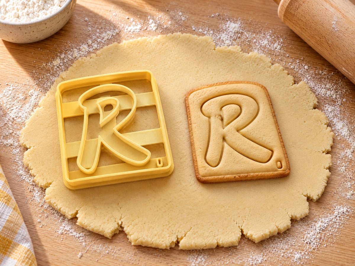 Butter-gelber Ausstecher Buchstabe R mit Prägung neben quadratischem Keks mit geschwungenem R und Punktwert auf hellem Holz