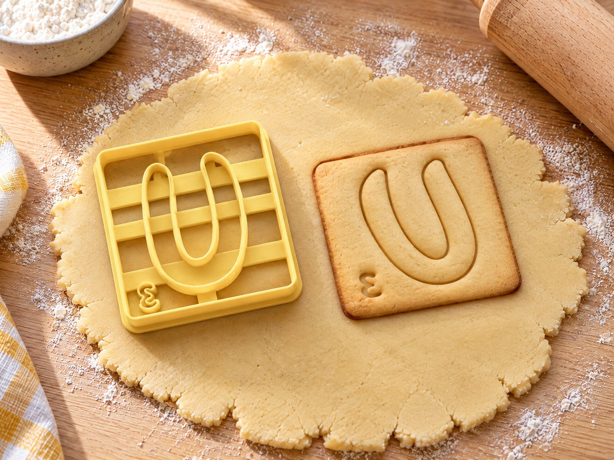 Butter-gelber Ausstecher Buchstabe U mit Prägung neben quadratischem Keks mit rundem U und Punktwert auf hellem Holz