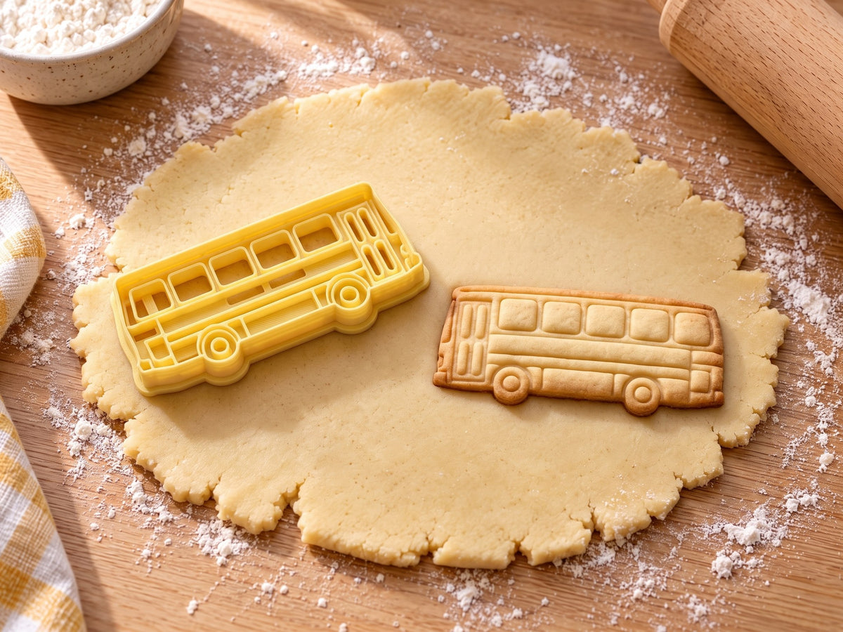 Butter-gelber Bus-Ausstecher mit Prägung neben gebackenem Bus-Keks mit fünf Fenstern und Doppeltür auf hellem Holz