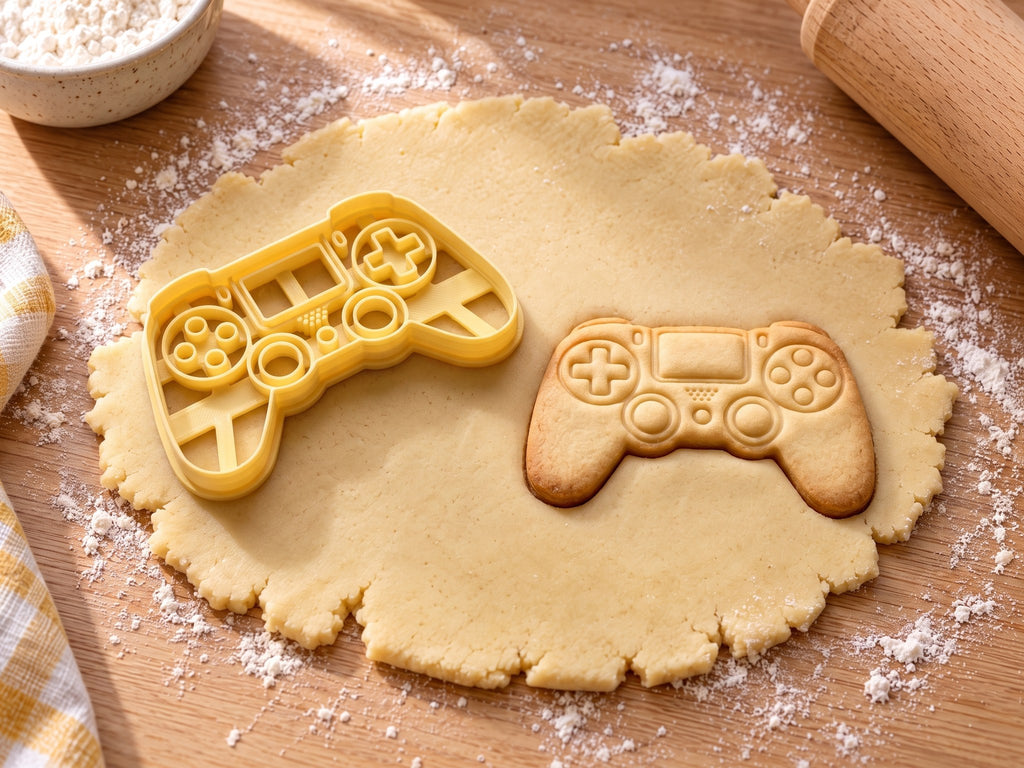 Butter-gelber Gamepad-Ausstecher mit Prägung neben gebackenem Keks mit Mittelfeld, Steuerkreuz und vier Tasten auf hellem Holz