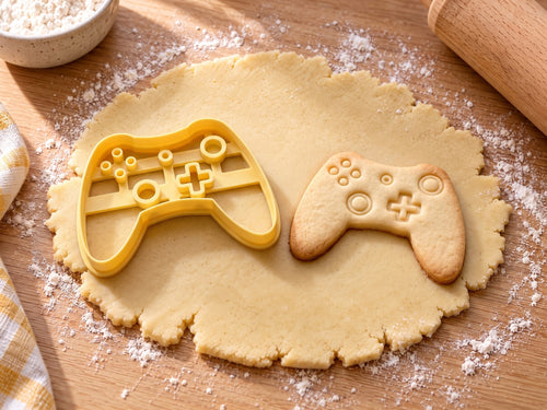 Butter-gelber Gamepad-Ausstecher mit Prägung neben gebackenem Keks mit Steuerkreuz in der Mitte und runden Tasten auf hellem Holz