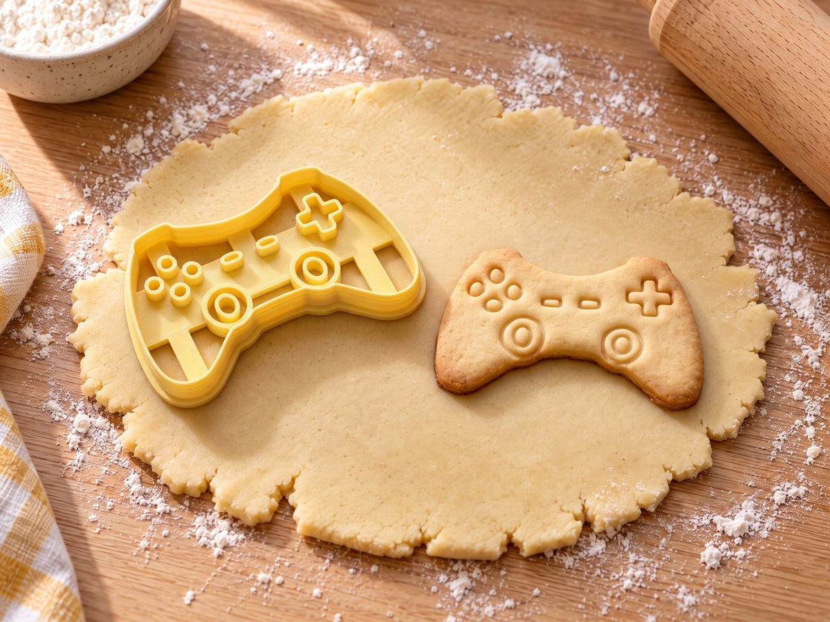 Butter-gelber Controller-Ausstecher mit Prägung neben gebackenem Keks mit Steuerkreuz oben rechts und zwei Sticks auf hellem Holz