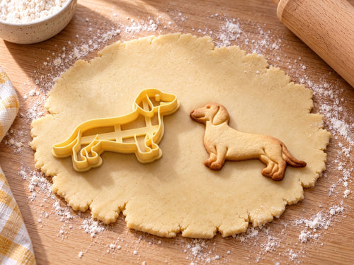 Butter-gelber Dackel-Ausstecher mit Prägung neben gebackenem Keks mit langem Dackel im Profil auf hellem Holz