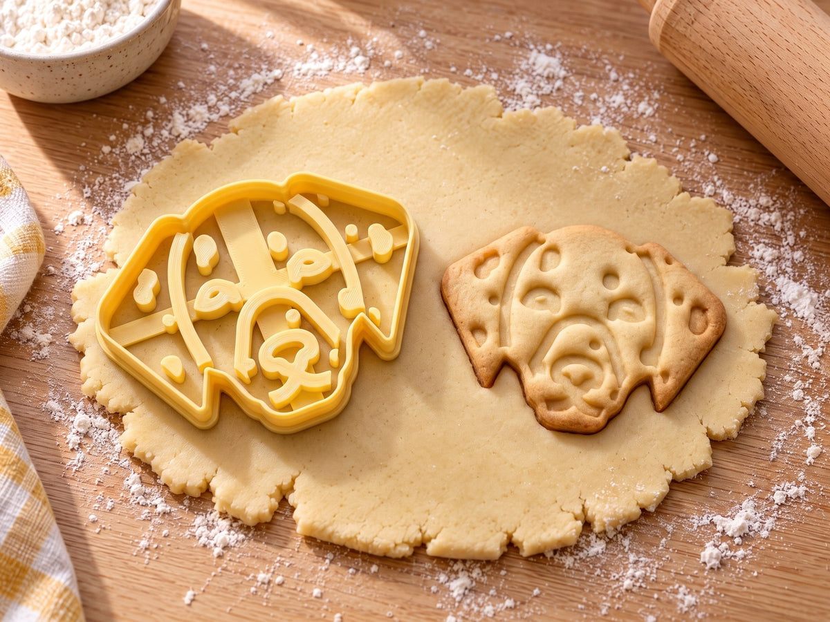 Butter-gelber Dalmatiner-Ausstecher mit Prägung neben gebackenem Keks mit Hundekopf und eingeprägten Tupfen auf hellem Holz
