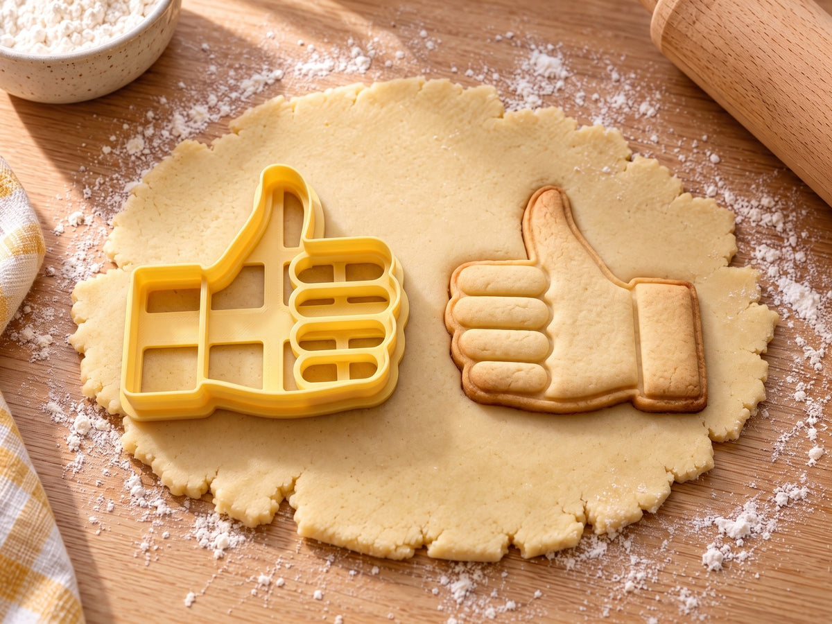 Butter-gelber Daumen-hoch-Ausstecher mit Prägung neben gebackenem Keks mit gerillten Fingern und Manschette auf hellem Holz