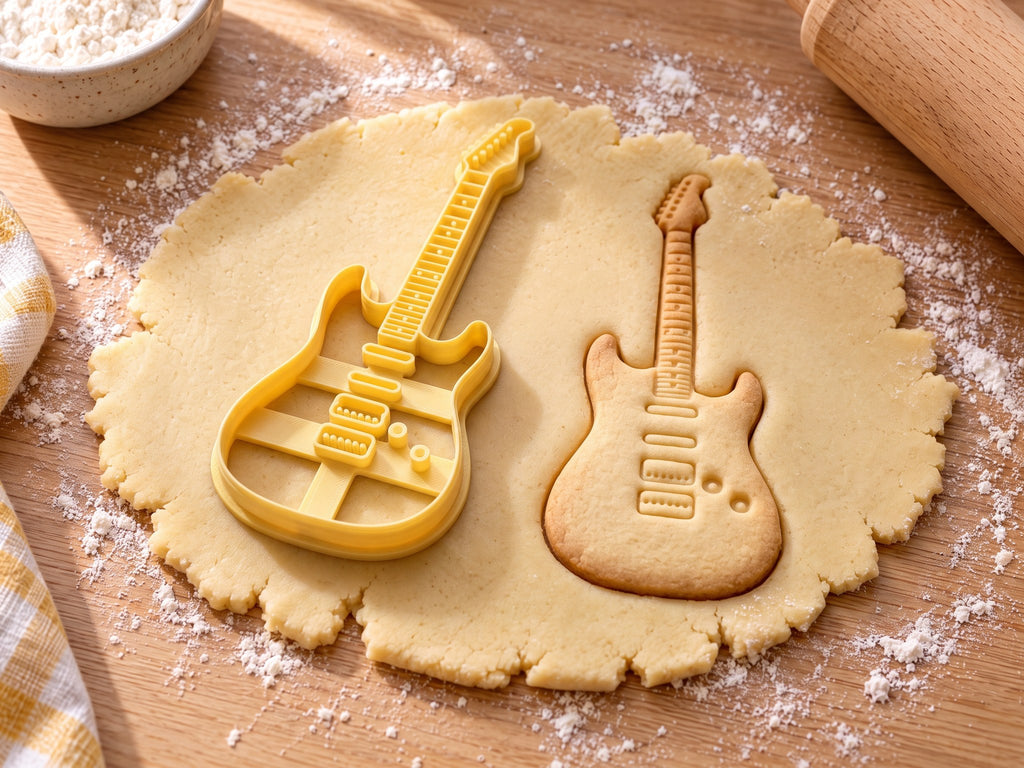 Butter-gelber E-Gitarren-Ausstecher mit Prägung neben gebackenem Keks mit drei Tonabnehmern und Bünden auf hellem Holz