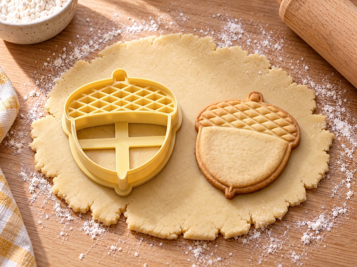 Butter-gelber Eichel-Ausstecher mit Prägung neben gebackenem Keks mit feinem Rautengitter auf dem Hut auf hellem Holz