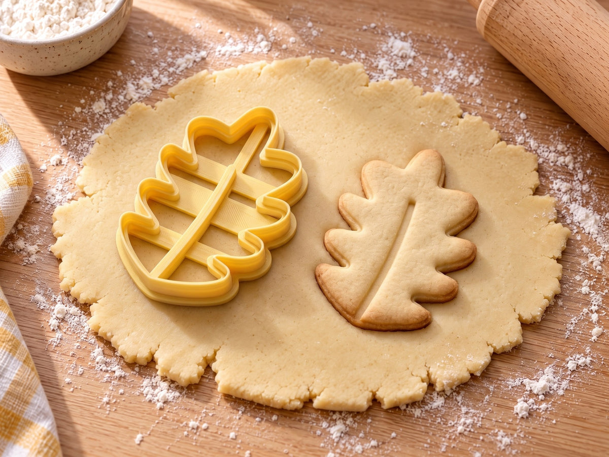 Butter-gelber Eichenblatt-Ausstecher mit Prägung neben gebackenem Keks mit gewelltem Rand und Mittelrippe auf hellem Holz