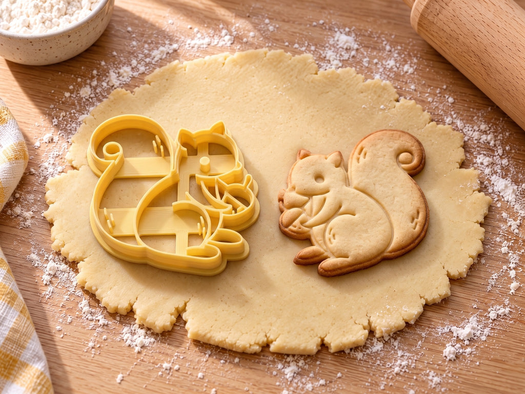 Butter-gelber Eichhörnchen-Ausstecher mit Prägung neben gebackenem Keks mit Eichel und eingerolltem Schwanz auf hellem Holz